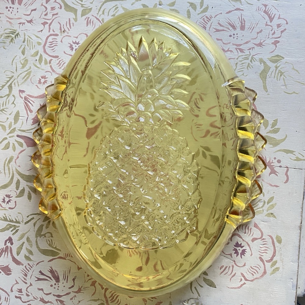 VTG Indiana Tiara Glass Pineapple Serving Dish Bowl Large Yellow Mist Fruit 70s